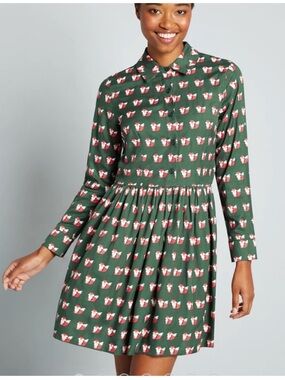 ModCloth‎ circus long sleeve fox print collared dress green UK 12 US S-M